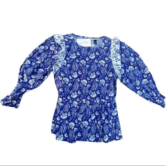 UNIVERSAL THREAD PUFF 3/4 SLEEVE BLUE FLORAL EXAGGERATED RUFFLE TOP BLOUSE XS - Picture 11 of 13